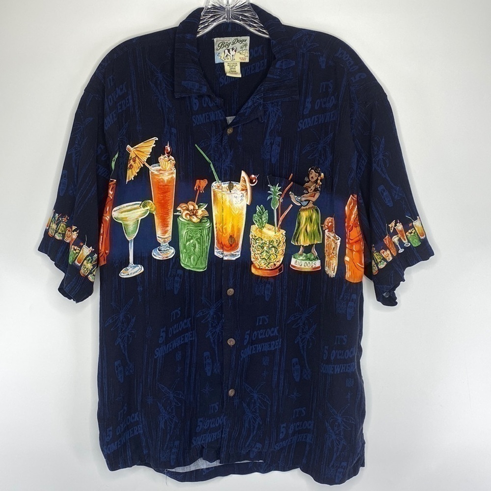 Big Dogs Blue 5:00 O'Clock Somewhere Blue Hawaiian Button Up Shirt Large